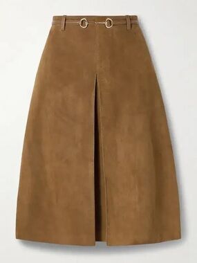 Gucci horsebit detailed leather trimmed pleated suede midi skirt